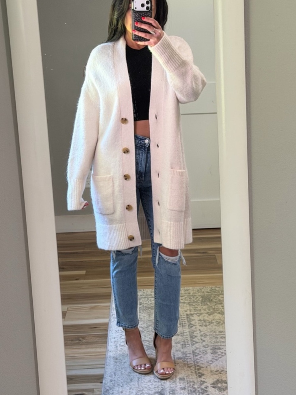 Ann Taylor Light Cream V-Neck Button Pocket Cardigan